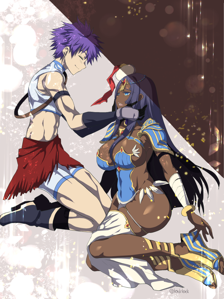 1boy 1girl ass black_hair blue_eyes breasts cleavage closed_eyes dark-skinned_female dark_skin fate/grand_order fate_(series) fergus_mac_roich_(fate) fergus_mac_roich_(young)_(fate) hair_ornament hat kneeling large_breasts long_hair looking_at_another muscular muscular_male open_mouth purple_hair scheherazade_(fate) short_hair sitting smile tajima_yoshikazu thighhighs toes