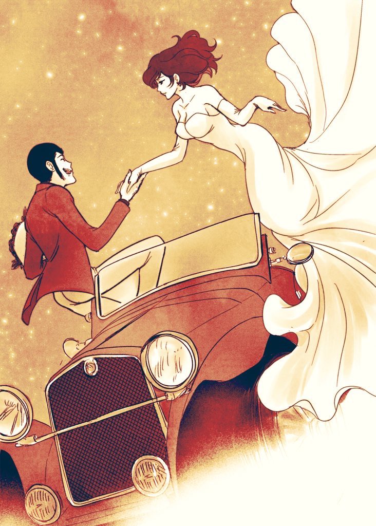 1boy 1girl ^_^ arsene_lupin_iii black_hair bouquet breasts car cleavage closed_eyes dress elbow_gloves flower gloves goekakisan_(adelma) holding holding_bouquet holding_hands jacket kneeling large_breasts long_hair looking_at_another lupin_iii mine_fujiko motor_vehicle pants red_car red_hair red_jacket short_hair sideburns wedding_dress white_gloves white_pants