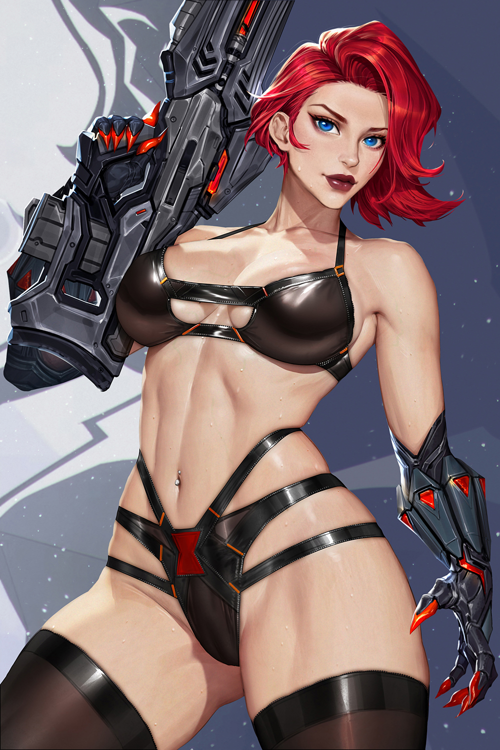 1girl avengers_(series) bikini black_bikini black_widow blue_eyes breasts clawed_gauntlets closed_mouth collarbone commentary english_commentary eyelashes gun highres holding holding_gun holding_weapon linea_alba lips marvel marvel_rivals mixed-language_commentary natasha_romanoff navel_piercing neoartcore piercing red_hair short_hair solo sweat swimsuit thai_commentary thighhighs weapon