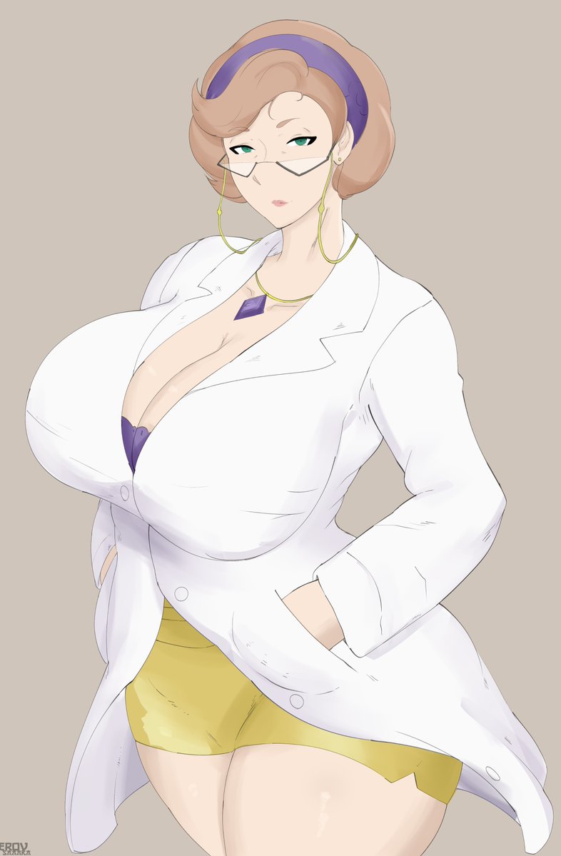 1girl alternate_breast_size breasts cleavage cowboy_shot erovsaaaka female_focus game_freak green_eyes huge_breasts image_sample lab_coat looking_at_viewer magnolia_(pokemon) mature_female nintendo pokemon pokemon_swsh solo thick_thighs thighs twitter_sample wide_hips