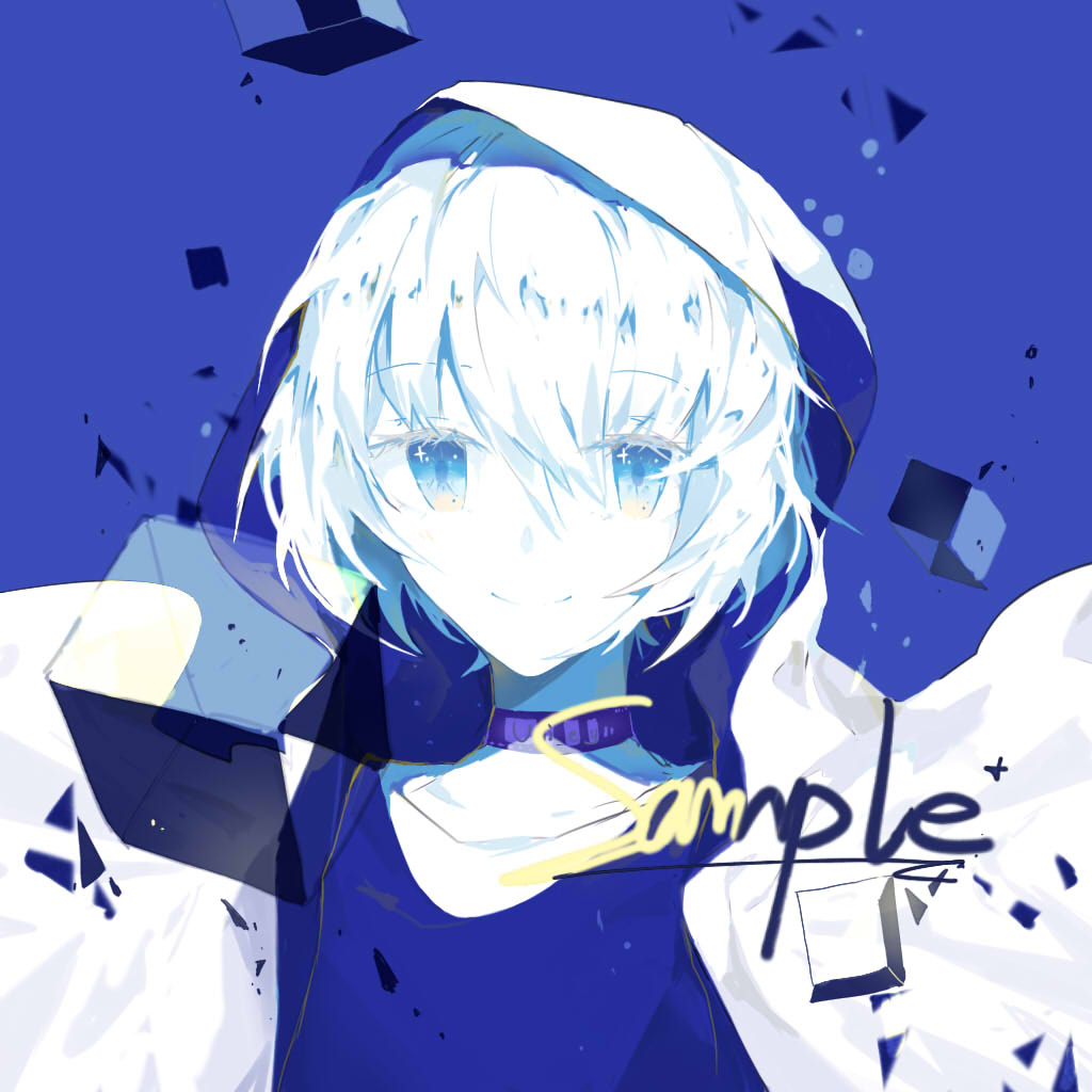 1boy blue_background blue_eyes blue_shirt chinese_commentary choker cloak closed_mouth collarbone colored_eyelashes commentary_request commission cube debris dinned hair_between_eyes hood hood_up hooded_cloak layered_shirt male_focus original pale_skin purple_choker sample_watermark shirt short_hair sleeveless sleeveless_shirt smile solo sparkling_eyes upper_body watermark white_cloak white_hair white_shirt