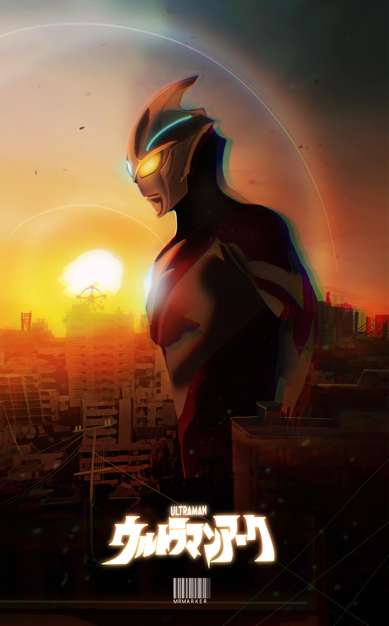 1boy alien artist_name black_skin blue_gemstone character_name chromatic_aberration city cityscape color_timer colored_skin commentary_request copyright_name ferris_wheel forehead_jewel gem highres looking_ahead male_focus mr_marker multicolored_skin no_pupils outdoors red_skin silver_skin solo sunset tokusatsu ultra_series ultraman_arc ultraman_arc_(series) yellow_eyes