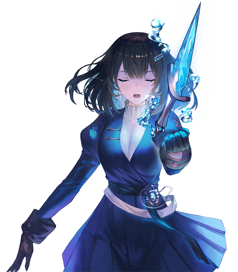 1girl blue_dress brown_dust_(series) brown_dust_2 brown_gloves brown_hair closed_eyes dagger dress floating floating_object floating_weapon game_cg gloves glowing glowing_weapon hair_between_eyes hair_ornament hydrokinesis juliet_sleeves knife lips long_sleeves medium_hair non-web_source official_art open_mouth puffy_sleeves scheherazade_(brown_dust) scheherazade_(the_lapis_witch)_(brown_dust) simple_background solo sweater transparent_background turtleneck turtleneck_sweater upper_body water weapon white_sweater