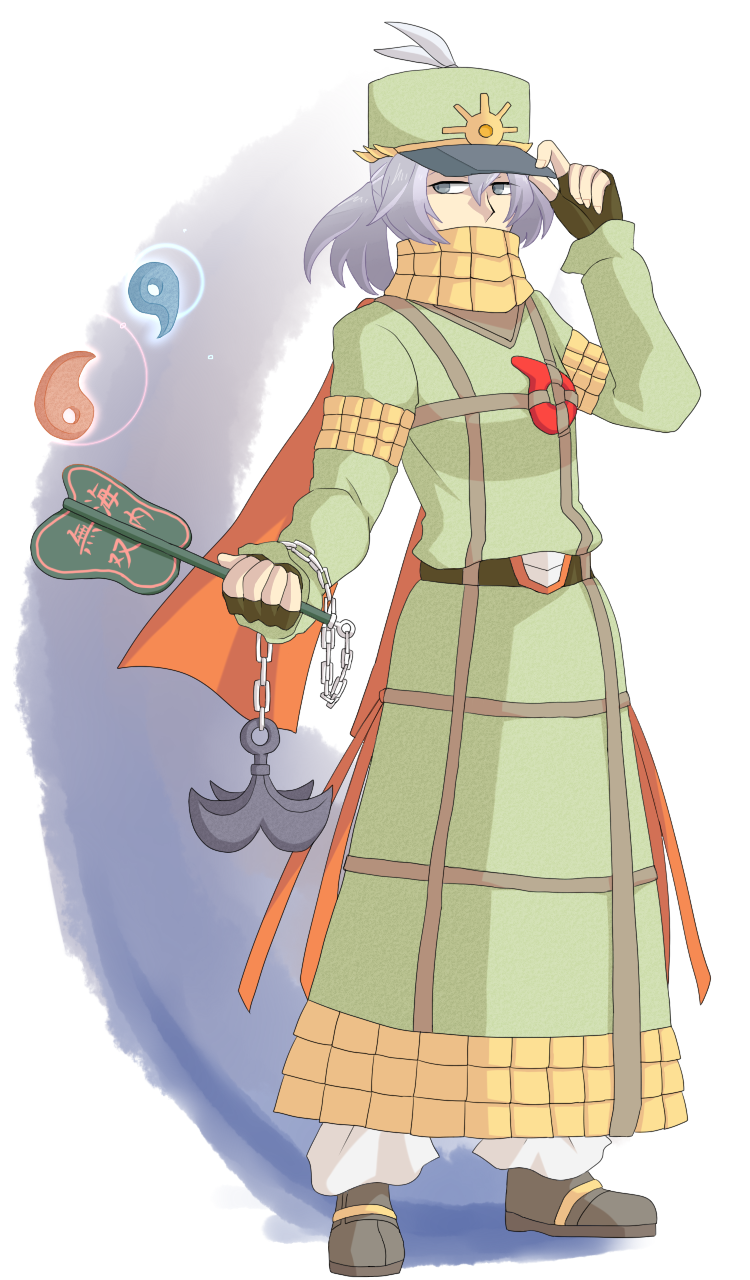 1girl belt blue_eyes blue_hair female_focus fingerless_gloves gloves hat highres long_coat magatama matching_hair/eyes matryoshka_(borscht) original pants ponytail riverbed_soul_saver scarf scarf_over_mouth short_hair solo takenouchi_no_tarumi touhou