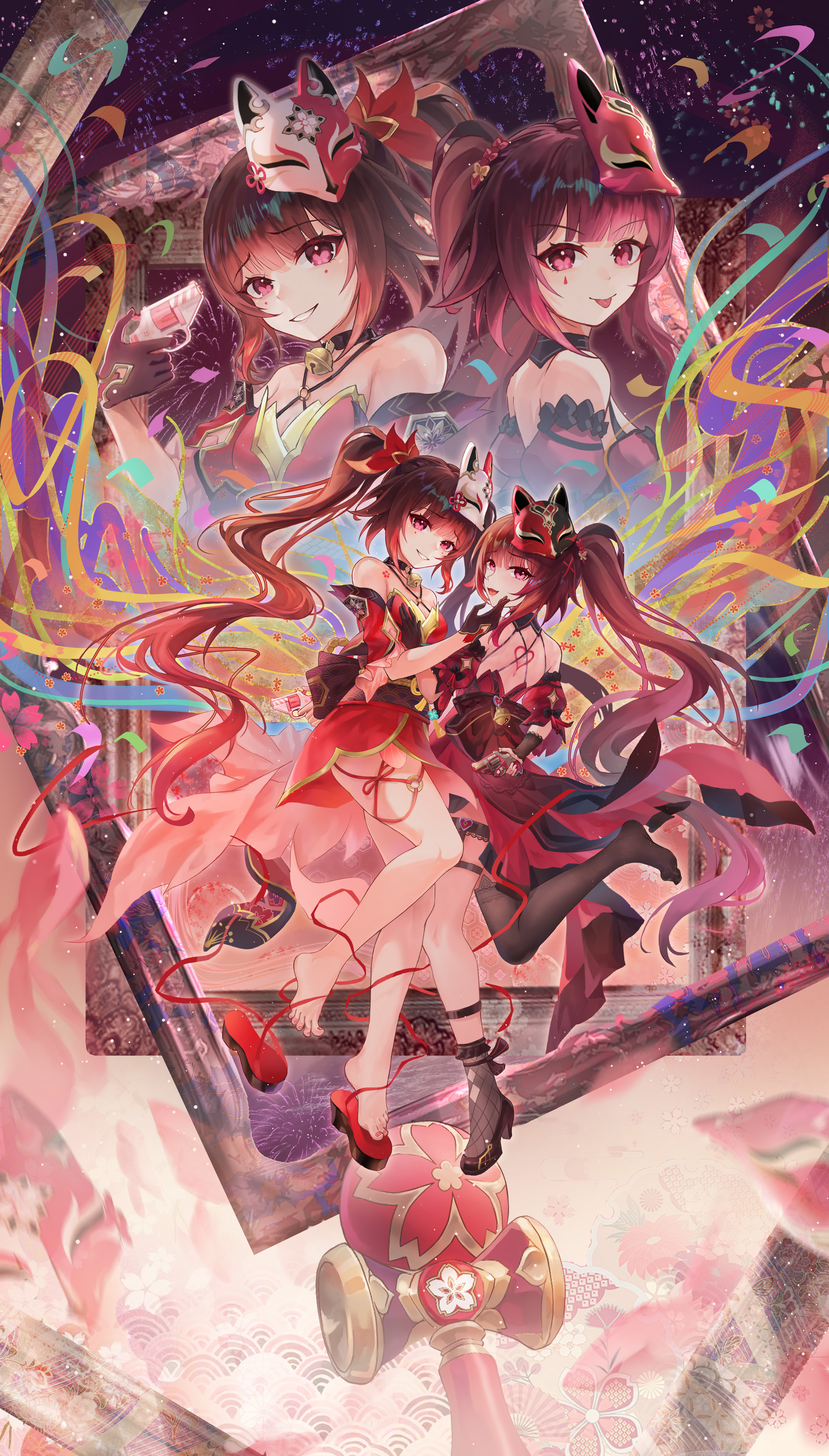 2girls absurdres bare_shoulders bell black_choker black_gloves black_sash black_shoes brown_hair chinese_commentary choker commentary_request detached_sleeves dress dual_persona fox_mask gloves gun gun_to_head halterneck henjiwumei highres holding holding_gun holding_weapon honkai:_star_rail honkai_(series) honkai_impact_3rd long_hair looking_at_viewer mark_under_both_eyes mask mask_on_head multiple_girls red_dress red_sleeves sash shoes smile sparkle_(fictitious_game)_(honkai:_star_rail) sparkle_(honkai:_star_rail) teardrop_facial_mark tongue tongue_out twintails unworn_shoes very_long_hair weapon