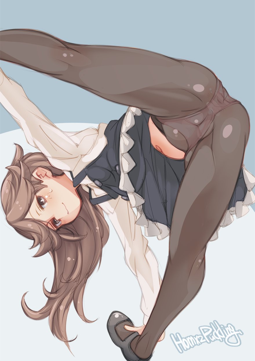 1girl arashio_(kancolle) arashio_kai_ni_(kancolle) black_dress black_pantyhose brown_eyes brown_hair cameltoe collared_shirt commentary_request dress dress_shirt frilled_dress frills highres kantai_collection long_hair pantyhose pinafore_dress puddinghomhom shirt sleeveless sleeveless_dress smile solo split white_shirt