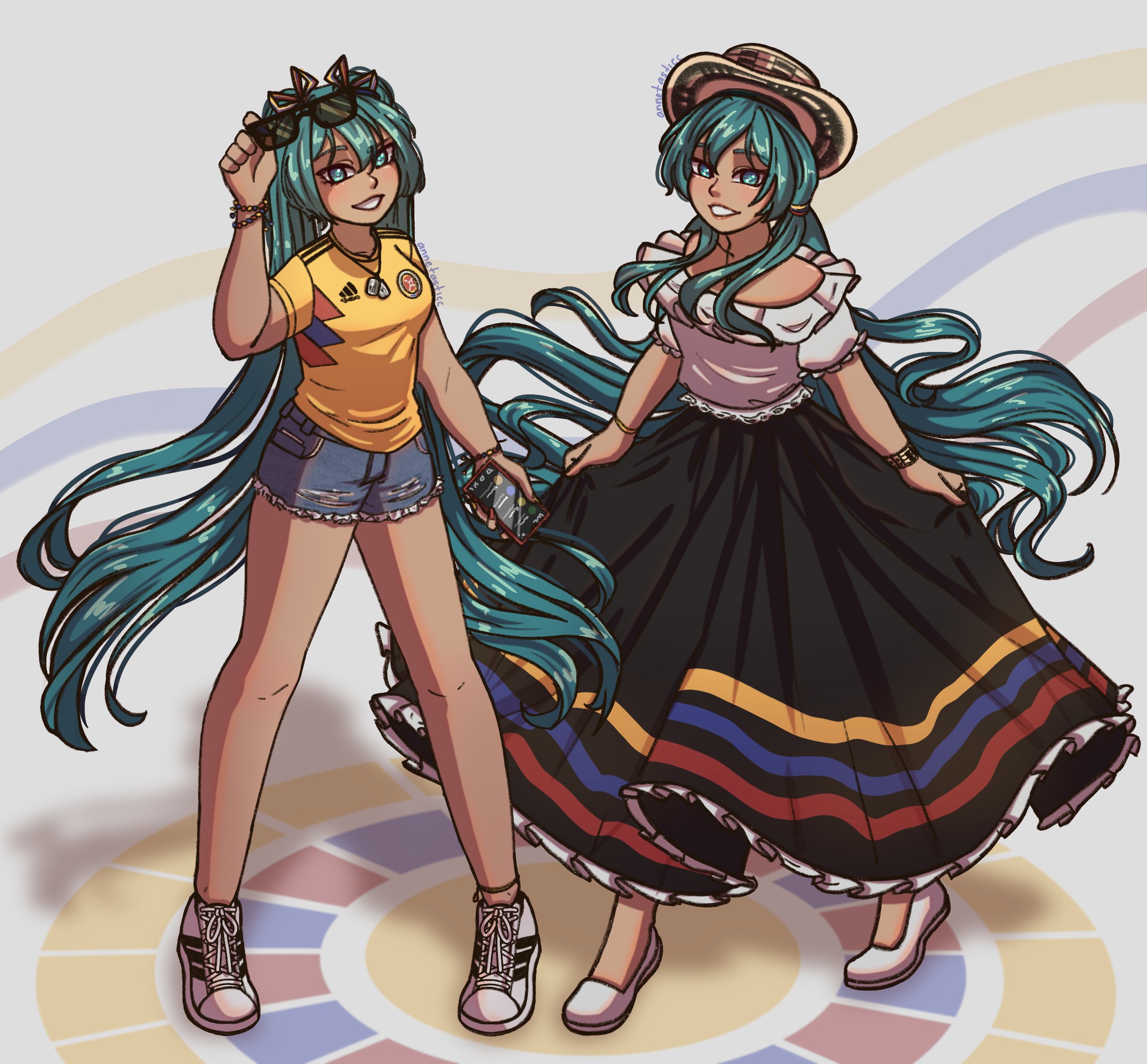 1girl blue_eyes blue_hair colombia colombian_clothes colombian_hat colombian_miku hair_ornament hatsune_miku highres long_hair shorts soccer_jersey twintails vocaloid yellow_eyes