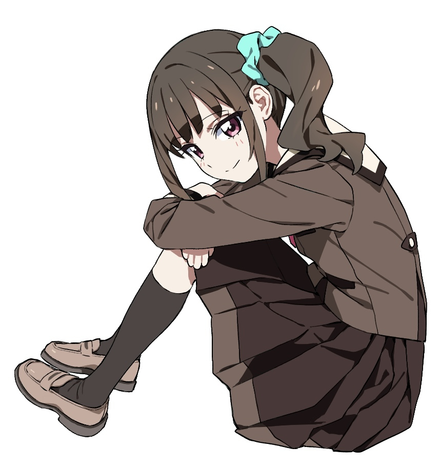 1girl brown_hair full_body hair_ornament hair_scrunchie hiji_rida hugging_own_legs kneehighs loafers looking_at_viewer medium_hair nekoyashiki_mayu pink_eyes pleated_skirt precure sailor_collar school_uniform scrunchie shirt shoes side_ponytail simple_background sitting skirt smile socks solo white_background wonderful_precure!