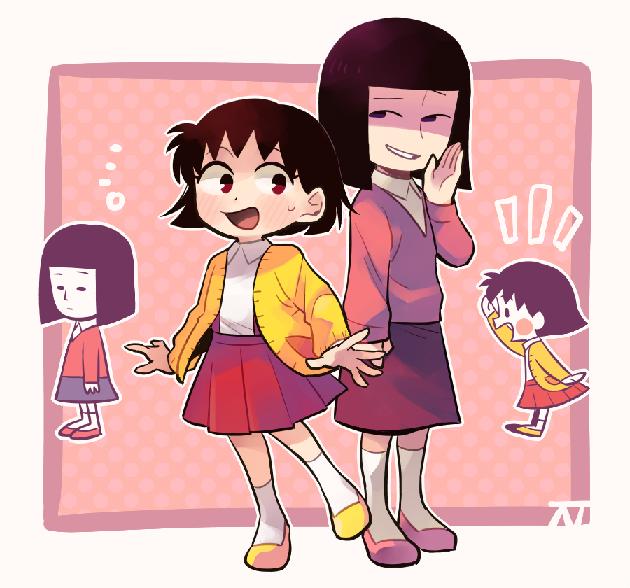 2girls black_hair blunt_bangs blush_stickers cardigan chibi_maruko-chan medium_skirt multiple_girls noguchi_emiko pleated_skirt red_eyes red_skirt sakura_momoko signature skirt smile suspender_skirt suspenders sweatdrop tsunoji