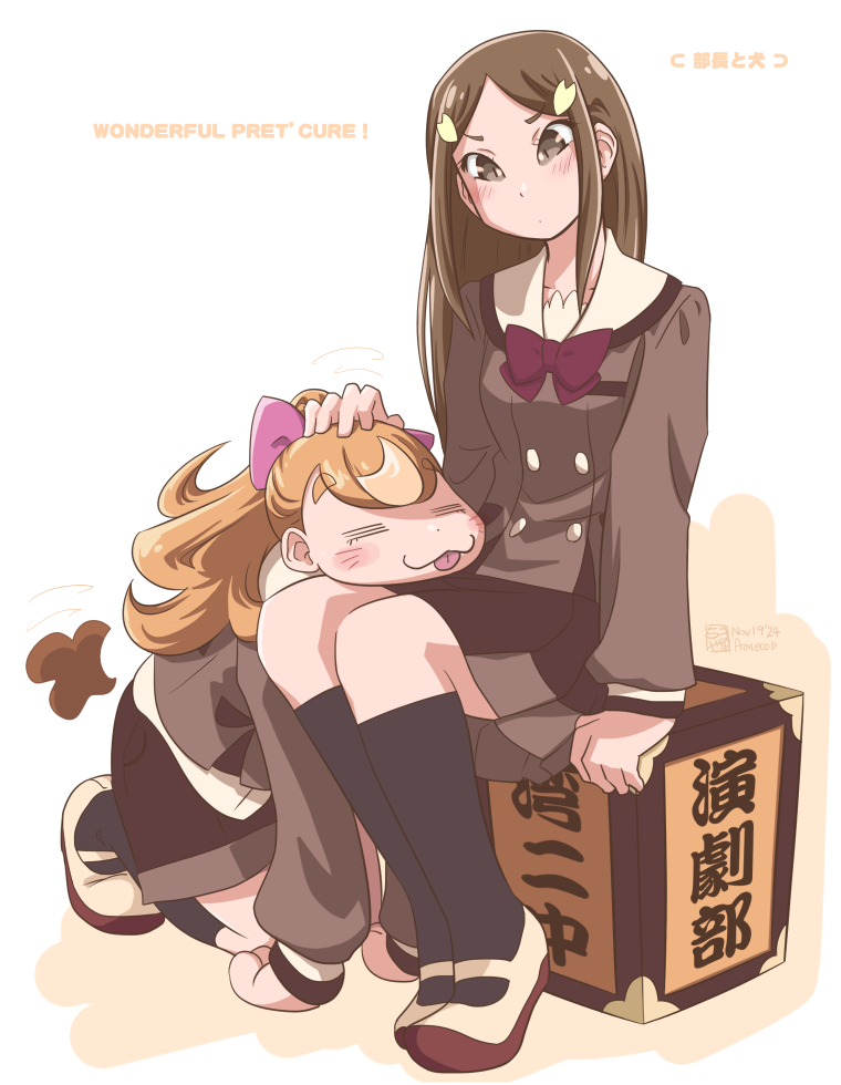 2girls aoneco blush bow box brown_hair buttons character_request commentary_request hair_bow hair_ornament hairclip inukai_komugi long_hair long_sleeves multiple_girls petting precure school_uniform second_wangan_school_uniform straight_hair tongue tongue_out wonderful_precure!