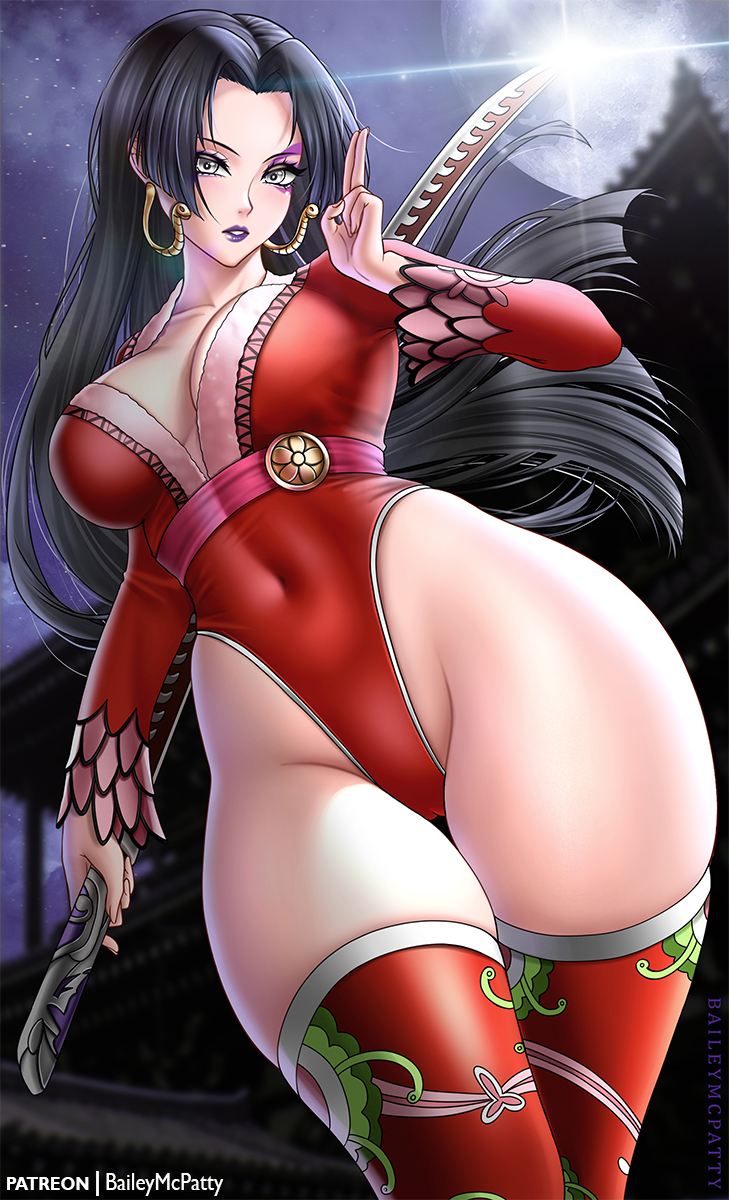 1girl baileymcpatty black_hair boa_hancock boa_hancock_(cosplay) breasts cosplay grey_eyes highres large_breasts long_hair marvel marvel_rivals moon moonlight one_piece psylocke psylocke_(marvel_rivals) rooftop sword thighhighs weapon