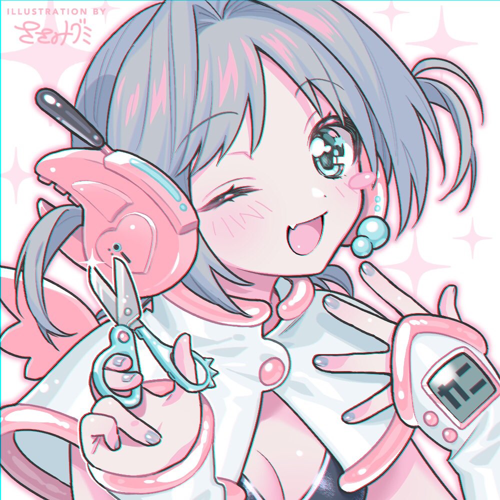 1girl :d aqua_eyes bikini black_bikini blush blush_stickers breasts capelet cleavage detached_sleeves fang grey_hair hair_intakes headphones holding holding_scissors looking_at_viewer nail_polish one_eye_closed open_mouth original outline sasamigumi scissors short_hair single_blush_sticker smile solo swimsuit two_side_up upper_body white_background white_capelet white_sleeves