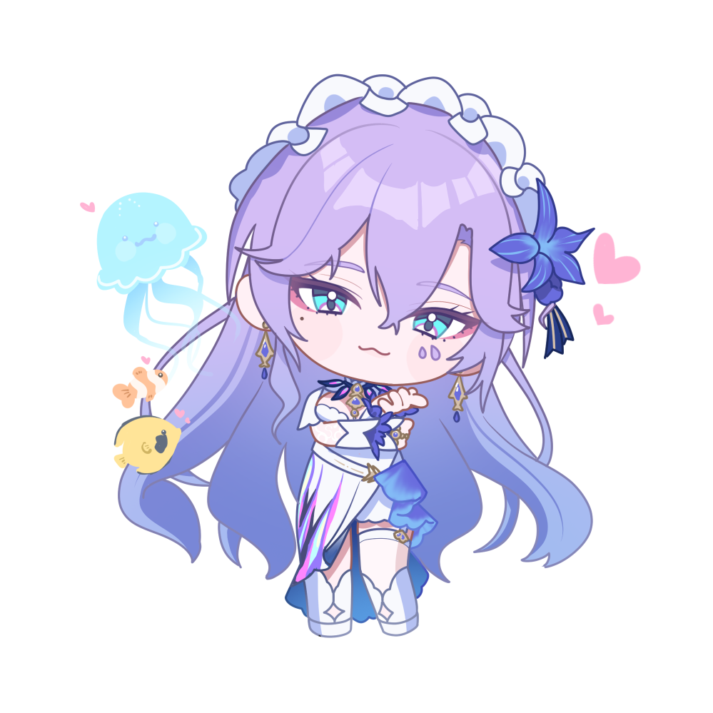1girl :3 blue_eyes blue_flower cantarella_(wuthering_waves) chibi chibi_only closed_mouth commentary_request dress earrings facial_mark flower hair_between_eyes hair_flower hair_ornament headdress heart jellyfish jewelry kaerunrun kneehighs legwear_cutout long_hair looking_at_viewer mark_under_eye pointing pointing_at_viewer purple_hair simple_background single_thighhigh socks solo thighhighs very_long_hair white_background white_dress white_socks white_thighhighs wuthering_waves