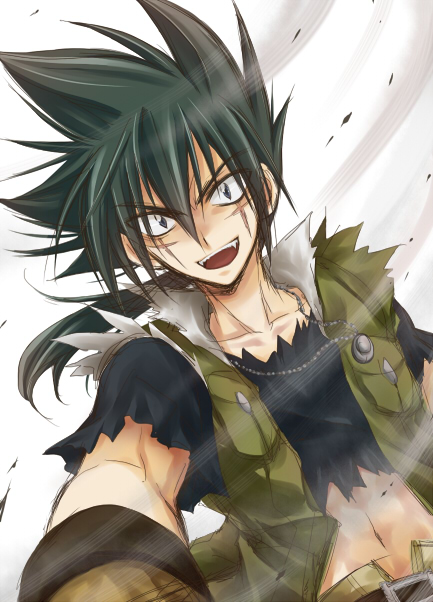 1boy belt beyblade black_shirt blue_eyes brown_belt coat fang gloves green_coat green_hair hair_between_eyes jewelry looking_at_viewer male_focus metal_fight_beyblade open_mouth ougi_kairi pendant ponytail scar shirt slit_pupils solo spiked_hair tategami_kyouya torn_clothes