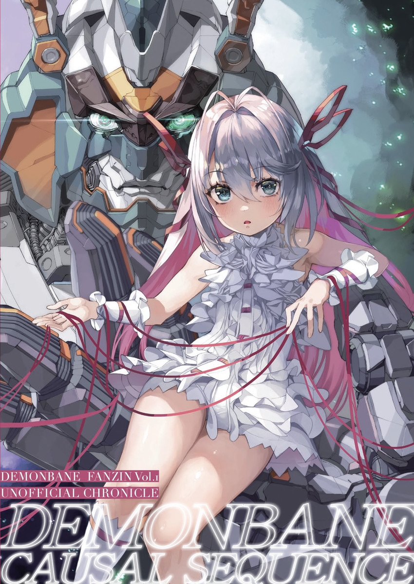 1girl al_azif_(demonbane) antenna_hair blue_eyes blush commentary_request demonbane demonbane_(mecha) dress feet_out_of_frame flat_chest frilled_dress frills hair_between_eyes hair_ribbon highres leg_ribbon long_hair looking_at_viewer mecha multicolored_hair nishii_(damnedrive) parted_lips pink_hair purple_hair red_ribbon ribbon robot short_dress sleeveless sleeveless_dress thighhighs two-tone_hair white_dress