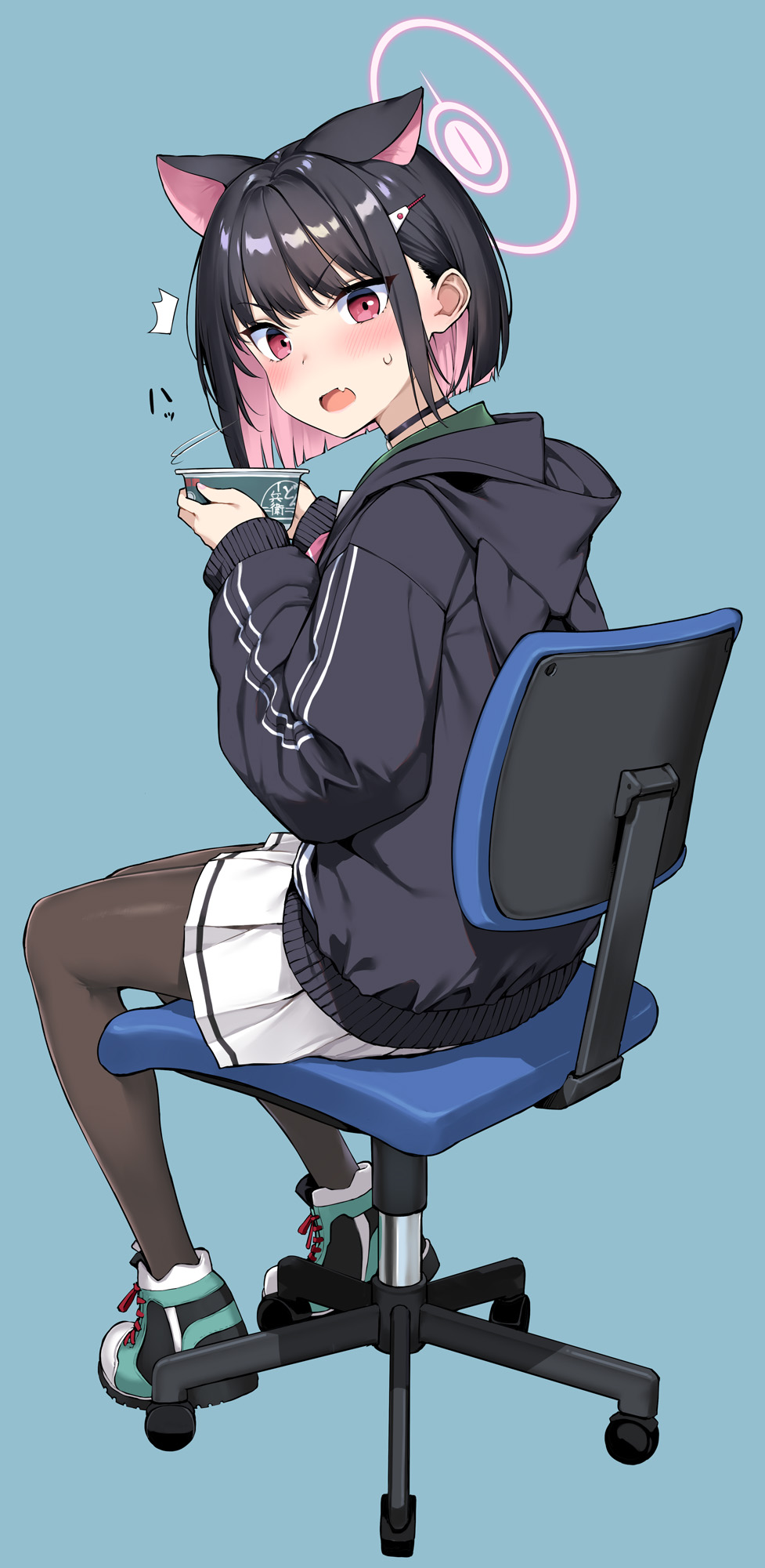 1girl ^^^ black_hair black_jacket black_pantyhose blue_archive blue_background blush bob_cut chair choker cup_ramen donbee_(food) donbei_kitsune_udon fang frown full_body hair_behind_ear hair_ornament hairclip halo highres instant_udon jacket kazusa_(blue_archive) long_sleeves multicolored_hair nissin_donbei on_chair open_clothes open_jacket open_mouth pantyhose pink_hair pink_halo pleated_skirt red_eyes shoes short_hair simple_background sitting skin_fang skirt sneakers solo surprised sweatdrop swivel_chair takayaki track_jacket tsurime two-tone_hair white_skirt