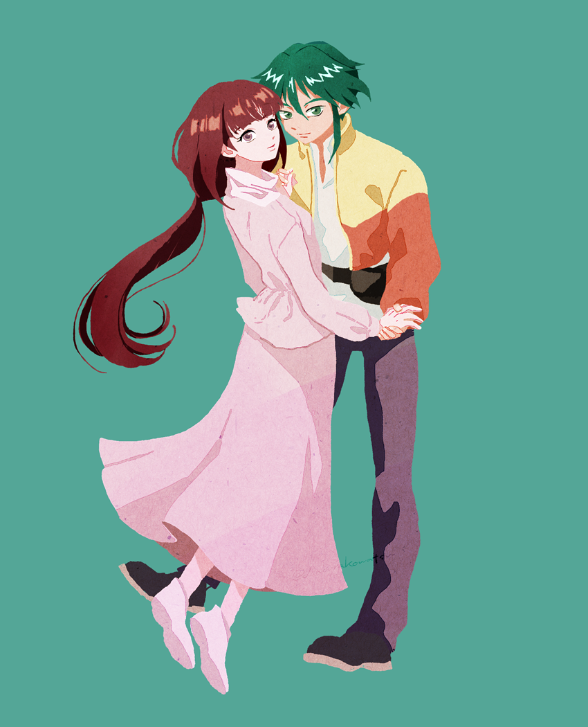 1boy 1girl after_war_gundam_x full_body garrod_ran green_eyes green_hair gundam holding_hands komatsu_(s0612290) long_hair looking_at_viewer ponytail tiffa_adill very_long_hair