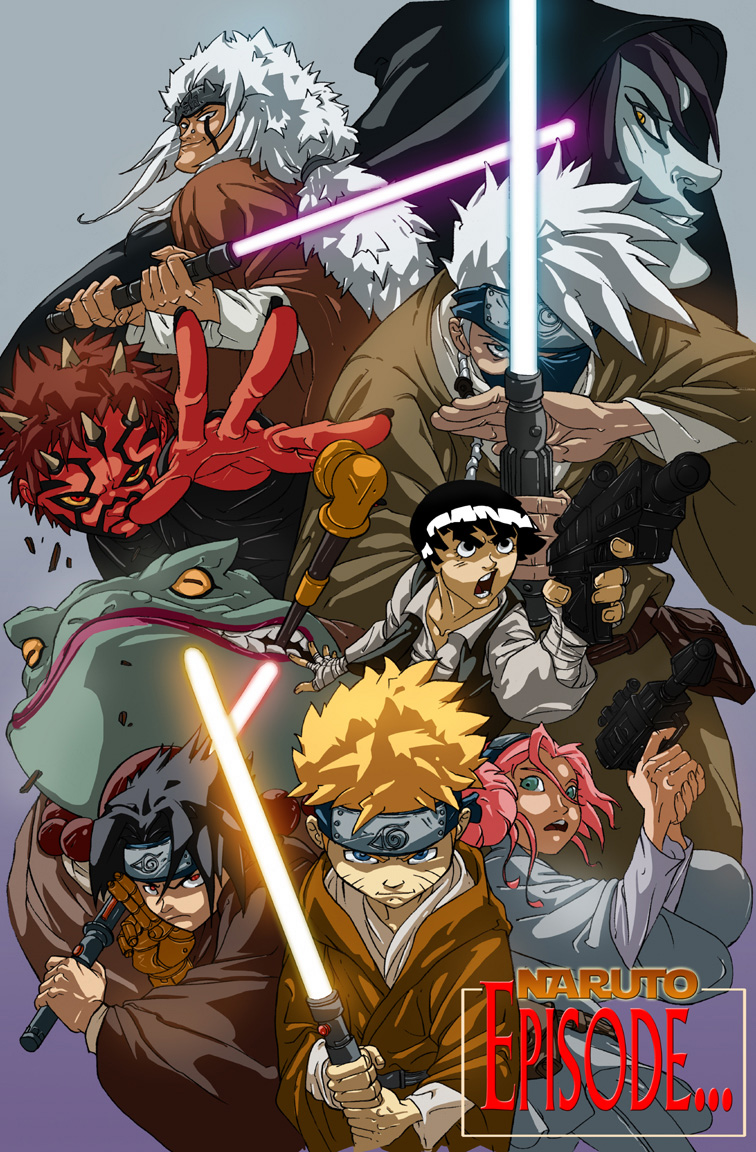 1girl 6+boys black_hair blaster_(star_wars) blonde_hair blue_lightsaber cosplay crossover darth_maul darth_maul_(cosplay) energy_sword gaara_(naruto) han_solo_(cosplay) haruno_sakura hatake_kakashi jedi jedi_knight jiraiya_(naruto) konohagakure_symbol lightsaber multiple_boys naruto naruto_(series) orochimaru_(naruto) palpatine_(cosplay) parody pink_hair princess_leia_(cosplay) purple_lightsaber red_hair rock_lee sith star_wars sword uchiha_sasuke uzumaki_naruto weapon
