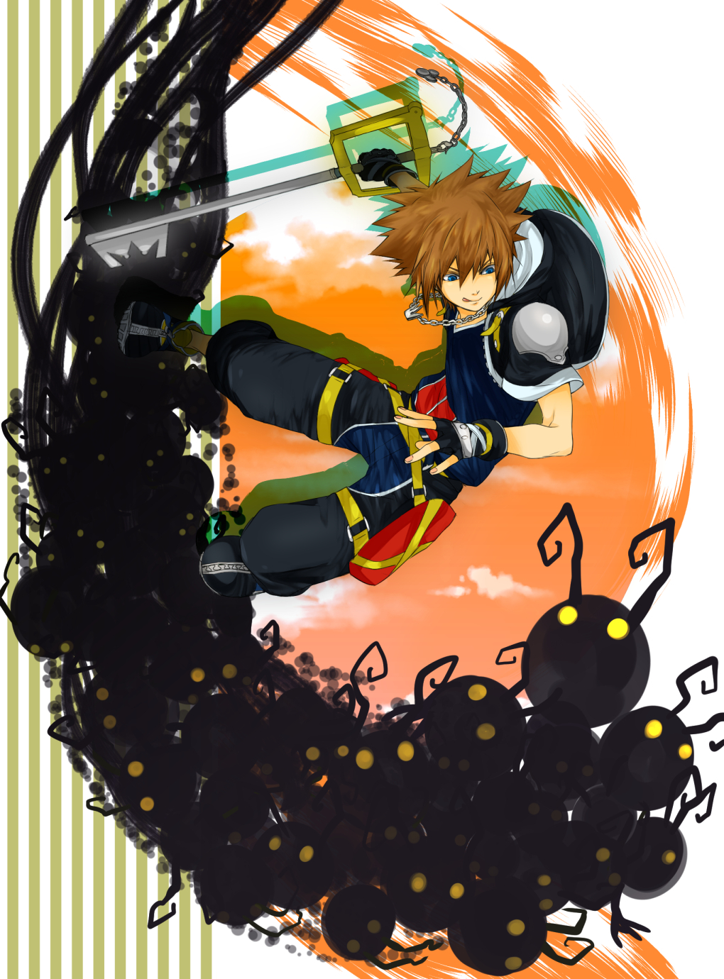 1boy :q blue_eyes brown_hair chain chain_necklace fingerless_gloves gloves heartless highres jewelry keyblade kingdom_hearts kingdom_hearts_iii licking_lips male_focus necklace shadow_(kingdom_hearts) solo sora_(kingdom_hearts) spiked_hair techitoni tongue tongue_out