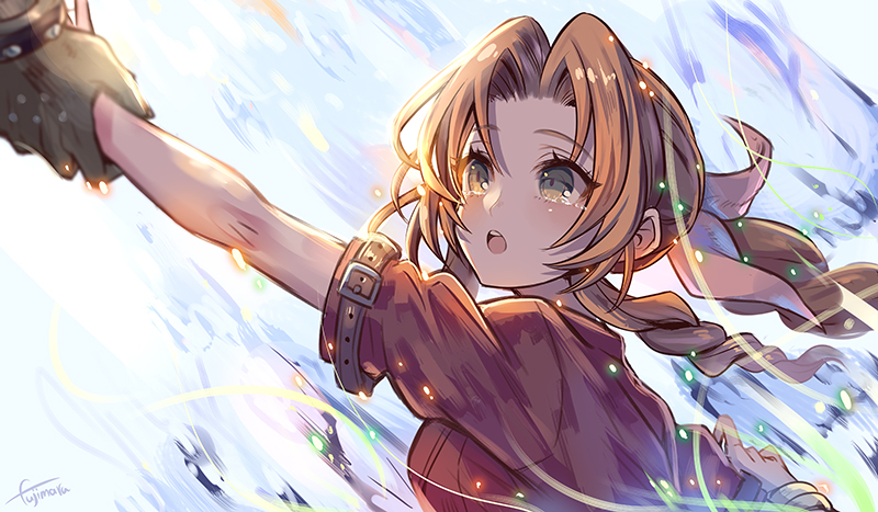 1boy 1girl aerith_gainsborough bow braid braided_ponytail cloud_strife commentary cropped_jacket final_fantasy final_fantasy_vii fujimaru_(green_sparrow) gloves holding_another&#039;s_wrist jacket lifestream magic open_mouth out_of_frame parted_bangs pink_bow red_jacket signature tears upper_body