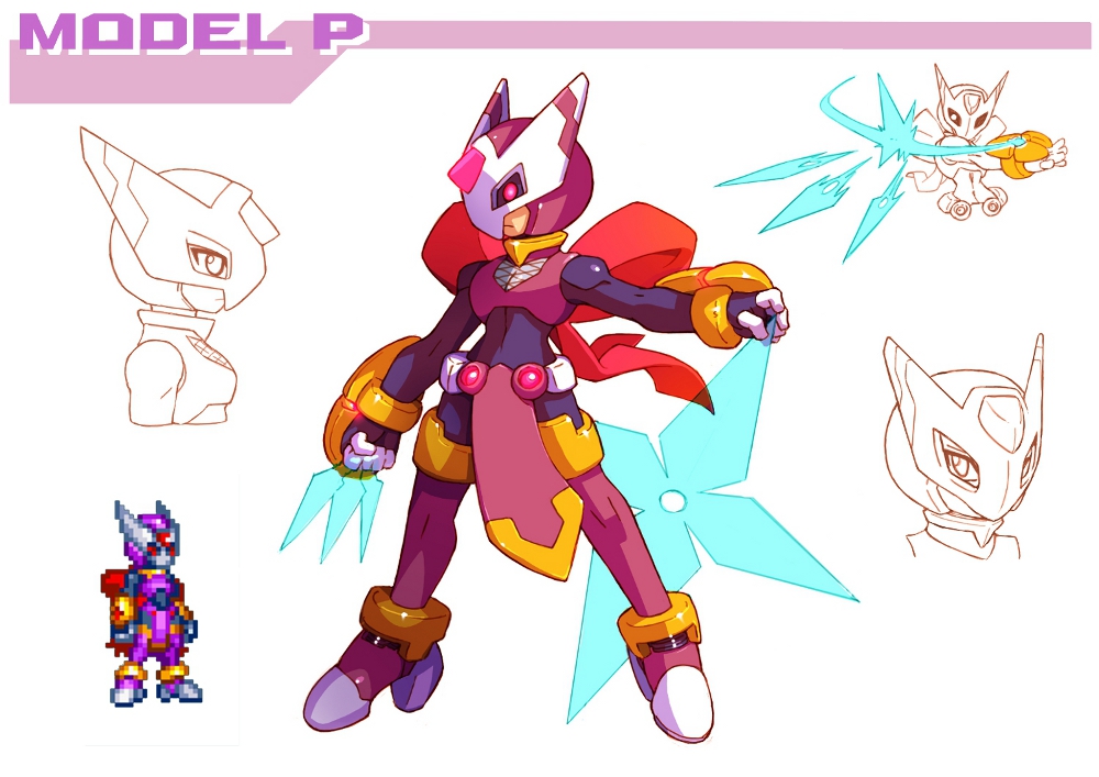 1girl abs alternate_costume armor bodystocking boots breasts ciel_(mega_man) codpiece fishnets forehead_jewel full_body helmet high_heel_boots high_heels kunai loincloth mask mega_man_(series) mega_man_zero_(series) mega_man_zx model_p_(mega_man) red_eyes ribbon shuriken sleeveless small_breasts sprite_art thigh_boots thighs tomycase weapon white_background