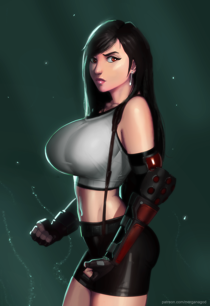 1girl black_gloves black_skirt breasts clenched_hands commentary earrings elbow_gloves elbow_pads english_commentary female_focus final_fantasy final_fantasy_vii final_fantasy_vii_remake fingerless_gloves gloves huge_breasts impossible_clothes impossible_shirt jewelry lips long_hair low-tied_long_hair midriff morganagod navel nose pencil_skirt red_eyes red_gloves shirt skirt solo sports_bra square_enix suspender_skirt suspenders taut_clothes taut_shirt tifa_lockhart toned vambraces