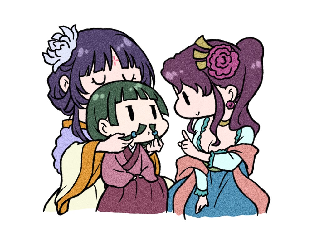 3girls breasts chibi chinese_clothes cleavage fold-over_collar green_hair hanfu huadian kusuriya_no_hitorigoto large_breasts maomao_(kusuriya_no_hitorigoto) meimei_(kusuriya_no_hitorigoto) multiple_girls nekokurage_(gen&#039;eikai_tsuushin) pairin_(kusuriya_no_hitorigoto) purple_hair red_skirt scene_reference skirt white_background