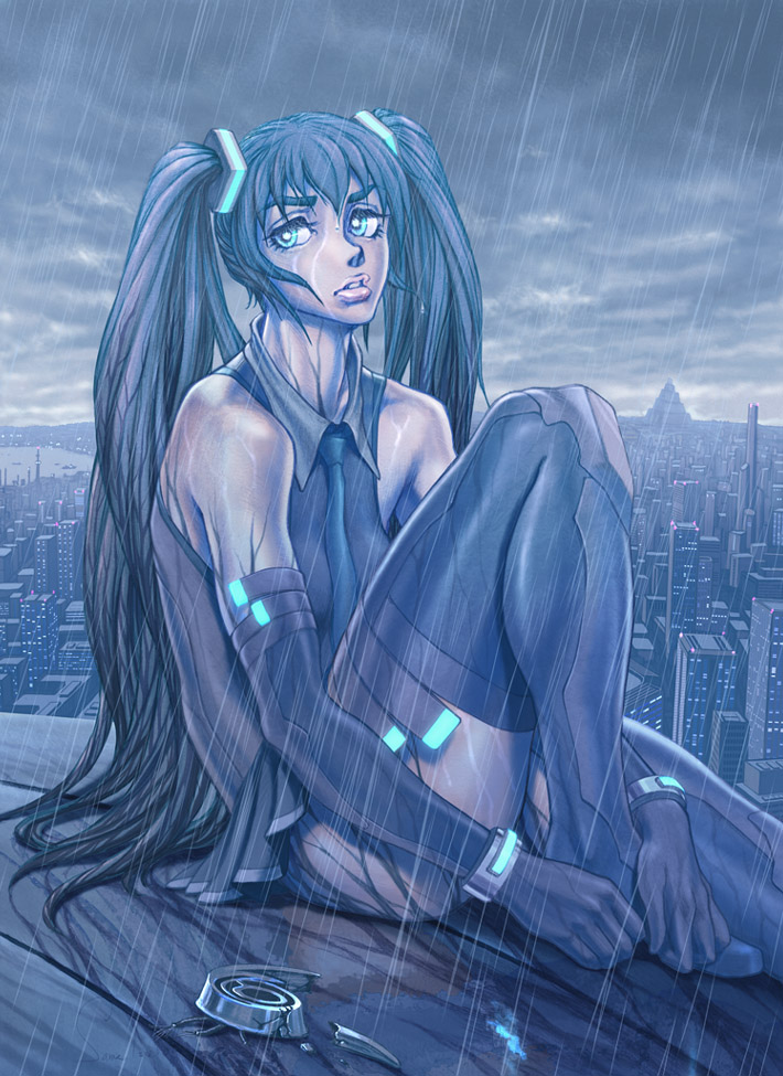 1girl aqua_eyes cityscape elbow_gloves female_focus gloves hatsune_miku lips long_hair rain same_(carcharodon) sitting solo thighhighs twintails very_long_hair vocaloid wet