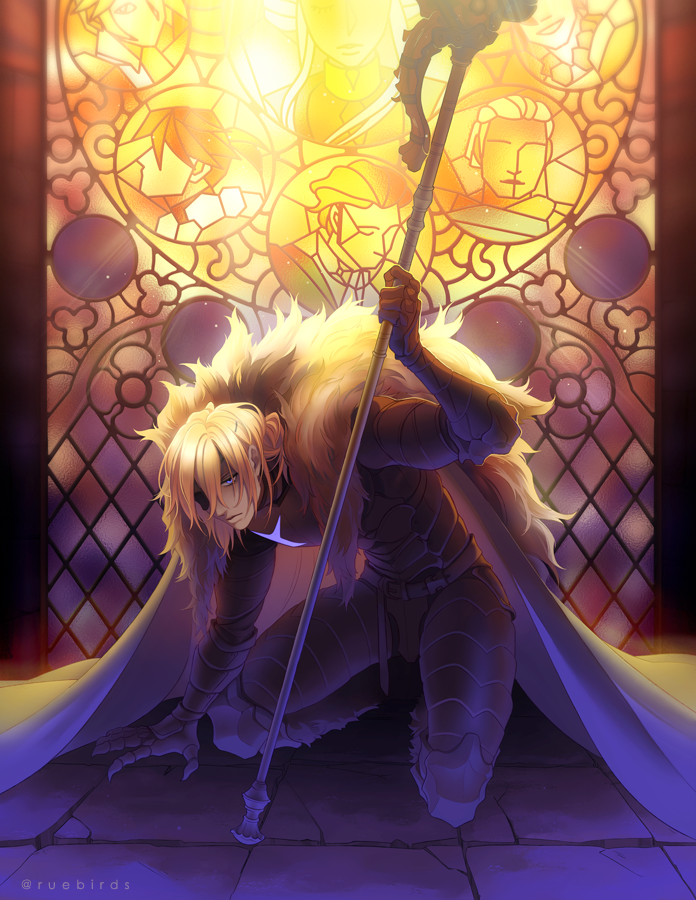 1boy arm_support arm_up armor armored_legwear belt black_armor black_belt black_fur blonde_hair blue_eyes breastplate claude_von_riegan claude_von_riegan_(timeskip) clawed_gauntlets closed_mouth commentary dedue_molinaro dedue_molinaro_(timeskip) dimitri_alexandre_blaiddyd dimitri_alexandre_blaiddyd_(timeskip) edelgard_von_hresvelg edelgard_von_hresvelg_(timeskip) english_commentary eyepatch felix_hugo_fraldarius felix_hugo_fraldarius_(timeskip) fire_emblem fire_emblem:_three_houses fur_trim gauntlets hair_between_eyes hunched_over kneeling light_rays long_sleeves male_focus medium_hair nintendo one_eye_covered ruebird solo stained_glass stone_floor sunbeam sunlight sylvain_jose_gautier sylvain_jose_gautier_(timeskip) twitter_username white_fur