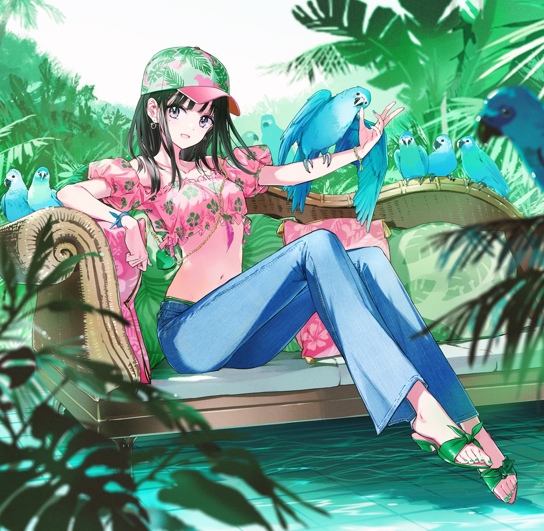 1girl bird black_hair blue_pants blurry blurry_foreground couch denim earrings floral_print fog forest green_footwear grey_eyes hat jeans jewelry looking_at_viewer medium_hair mole mole_under_eye nature navel off-shoulder_shirt off_shoulder on_couch open_mouth original outstretched_arm pants parrot pink_shirt print_shirt shirt sitting smile tiv tree