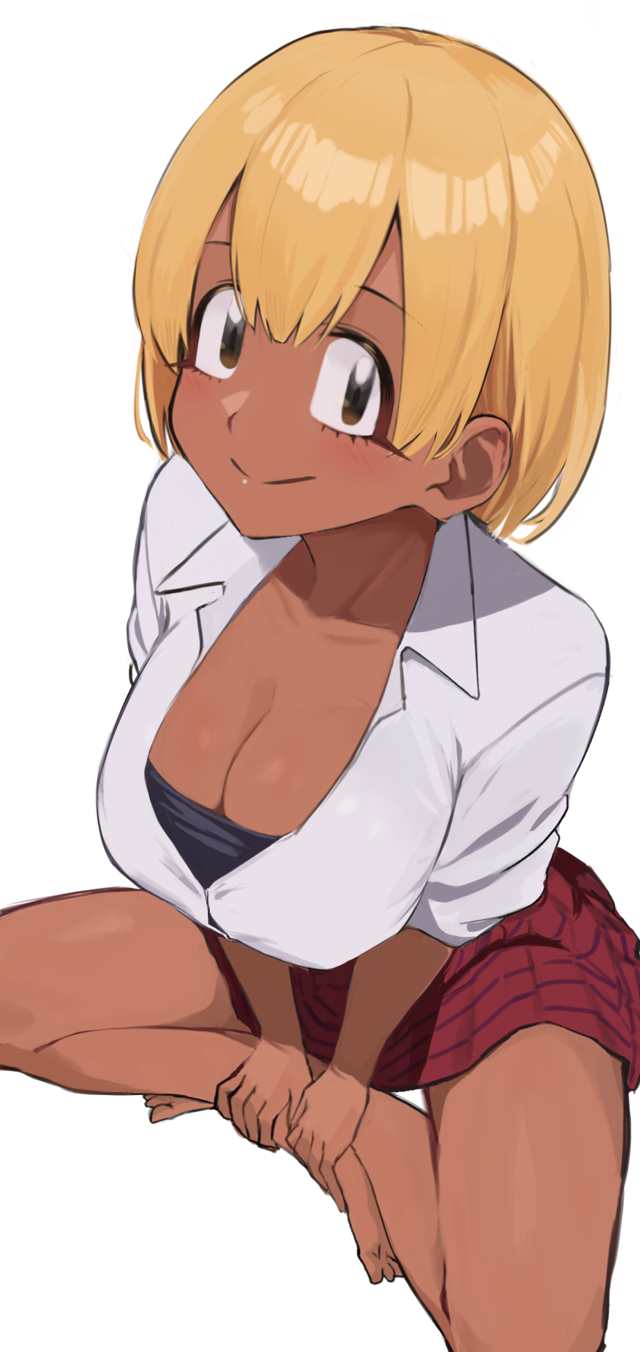 1girl ayatak0517 barefoot black_eyes blonde_hair breasts cleavage closed_mouth collared_shirt commentary crossed_legs dark-skinned_female dark_skin gyaru highres kogal komi-san_wa_komyushou_desu large_breasts manbagi_rumiko on_ground red_skirt shirt simple_background skirt smile solo white_background white_shirt