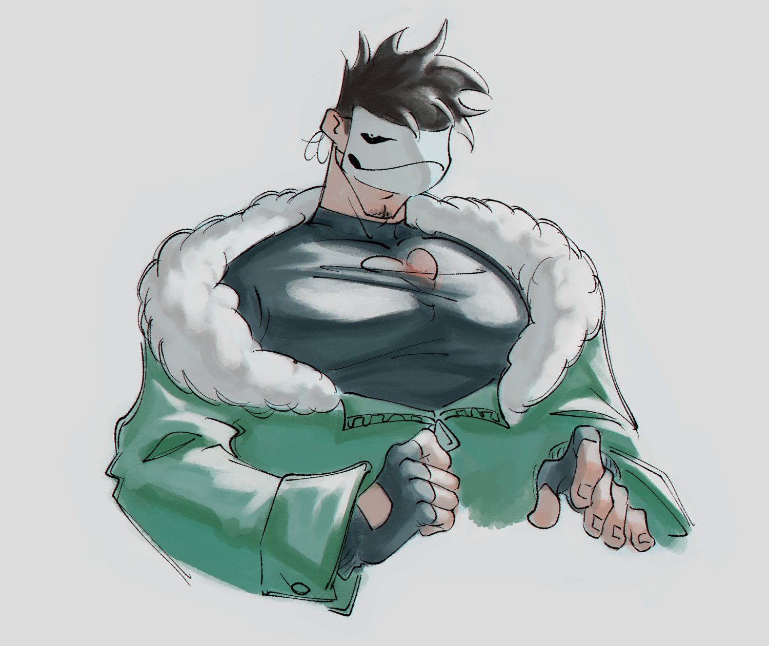 1boy bara black_hair cleavage_cutout clothing_cutout coat cropped_torso facial_hair goatee_stubble heart_cutout highres large_pectorals looking_at_viewer mask muscular muscular_male off_(game) pectorals short_hair solo spiked_hair stubble unfinished wavywhiskers zacharie_(off)