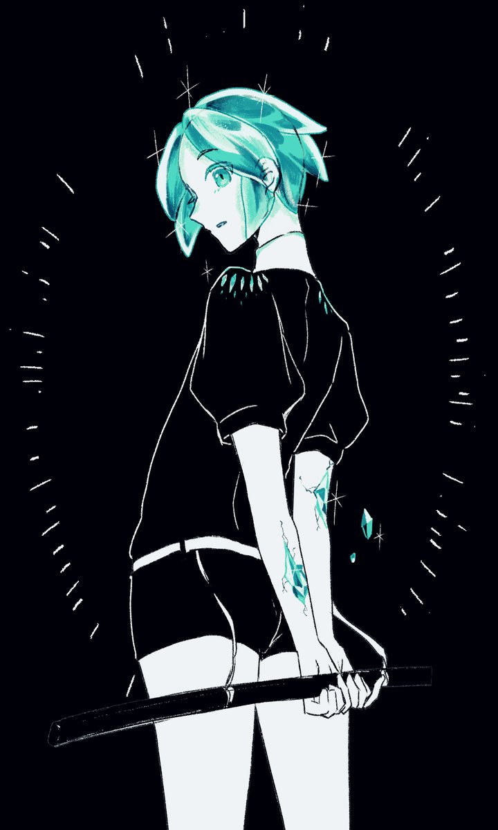 1other androgynous aqua_eyes aqua_hair back belt black_background broken collared_shirt colored_eyelashes colored_skin crack cracked_skin crystal_hair from_behind gem_uniform_(houseki_no_kuni) glint glowing glowing_hair high_collar holding holding_sheath houseki_no_kuni injury looking_at_viewer looking_back necktie other_focus parted_bangs parted_lips phosphophyllite phosphophyllite_(gemstone) profile puffy_short_sleeves puffy_sleeves rei_misc shards sheath sheathed shirt short_hair short_jumpsuit short_shorts short_sleeves shorts simple_background solo sparkle strap white_belt white_skin