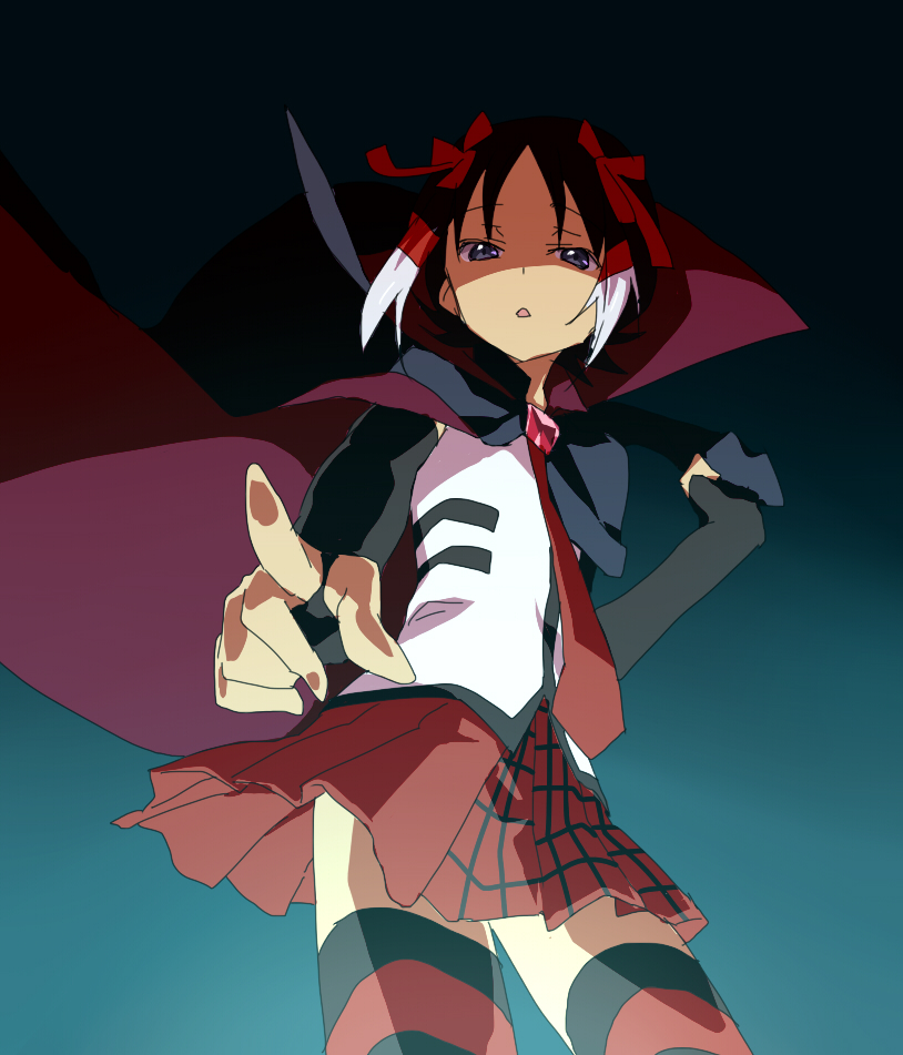 1boy black_hair cape catgirl0926 harustein idolmaster inazuma_eleven inazuma_eleven_(series) inazuma_eleven_go male_focus mujin_gattai_kisaragi open_mouth pointing ribbon short_hair shuu_(inazuma_eleven) skirt solo striped_clothes striped_thighhighs thighhighs trap