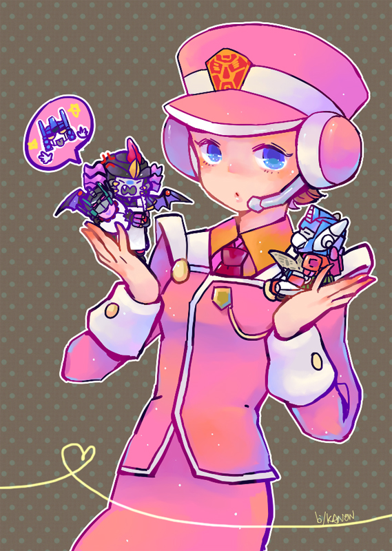 1girl :o baby blouse blue_eyes carrying carrying_baby carrying_person chibi collared_shirt fire_convoy hat heart holding jacket kanon_(rsl) looking_at_viewer mecha megatron necktie nemesis_prime orange_shirt pink_headwear pink_jacket pink_skirt red_neckwear robot shirt skirt solo_focus speech_bubble t-ai_(transformers) tongue tongue_out transformers transformers_car_robots ultra_magnus