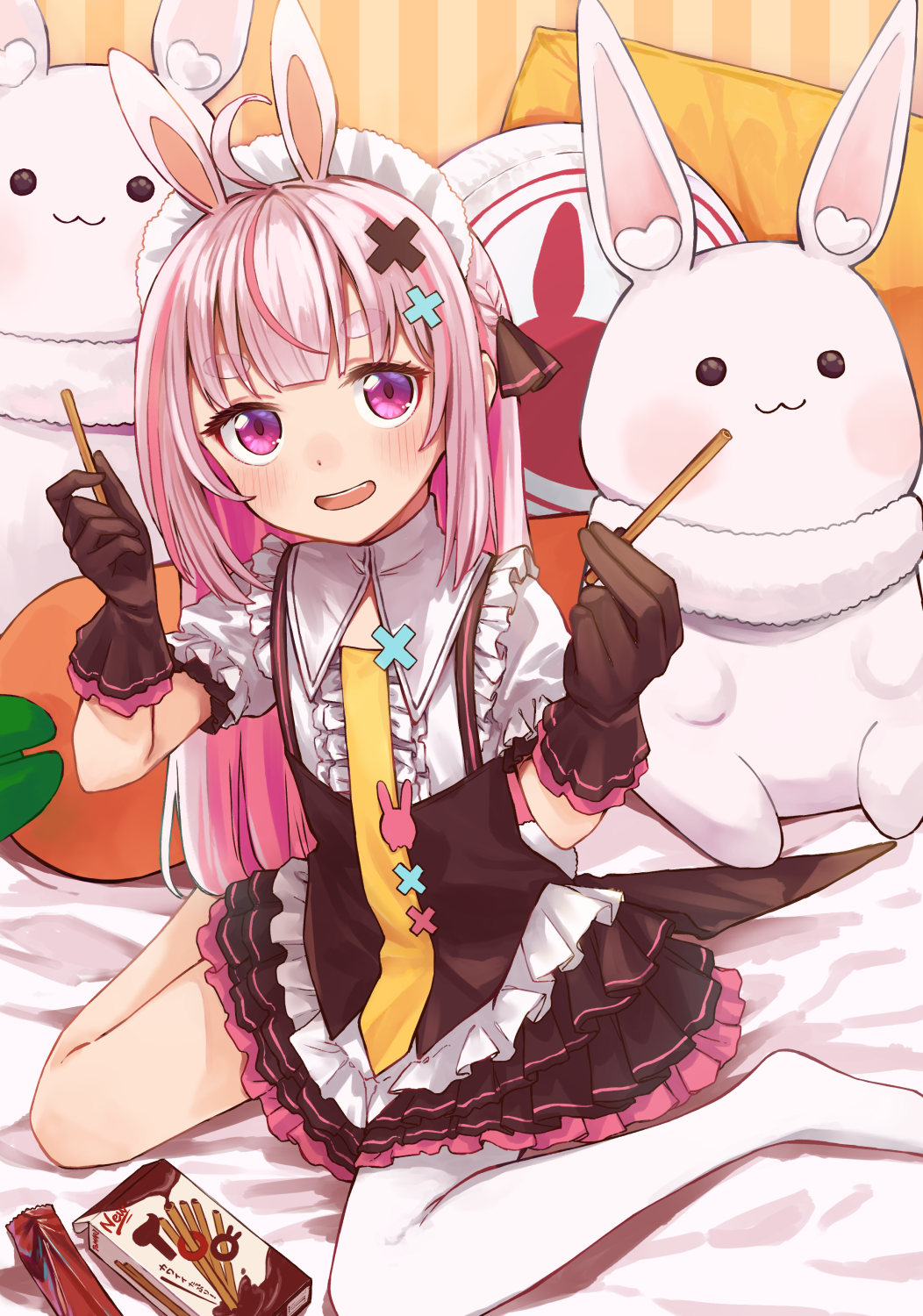 aishima_marota blush child food highres indie_virtual_youtuber purple_eyes purple_hair rabbit_ears ribbon smile stuffed_toy sweets tomari_mar