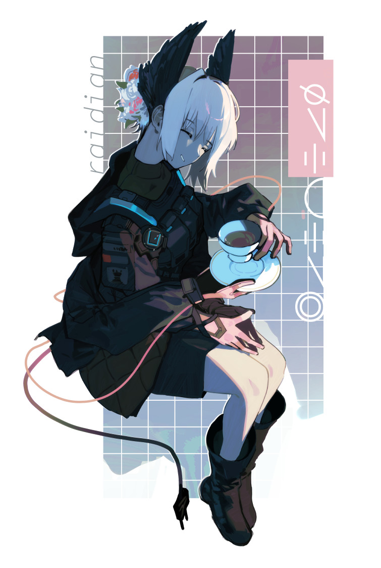 1girl animal_ears arknights black_boots black_coat black_shirt black_skirt black_vest boots character_name closed_eyes coat colored_skin cup electric_plug electric_plug_tail extra_arms flower gloves grey_skin hair_flower hair_ornament holding holding_cup invisible_chair long_sleeves own_hands_together pink_gloves raidian_(arknights) raneblu shirt sitting skirt smile solo steepled_fingers tail teacup vest white_background