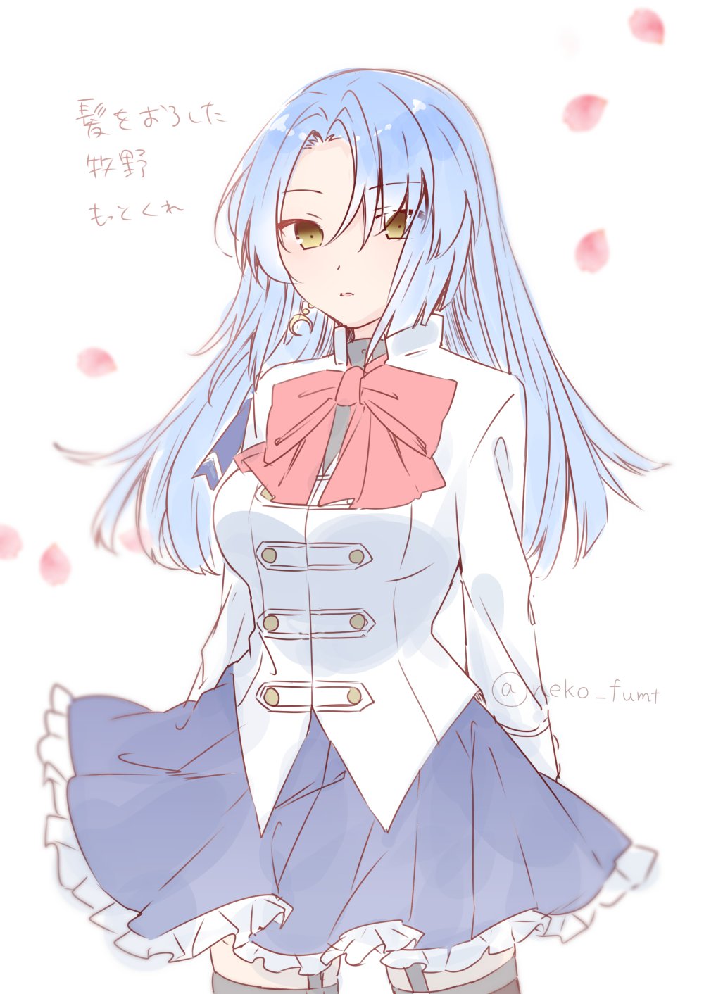 1girl alternate_hair_length alternate_hairstyle arms_at_sides assault_lily benini black_thighhighs blue_hair blue_skirt blurry bow bowtie breasts commentary cowboy_shot crescent crescent_earrings depth_of_field earrings falling_petals frilled_skirt frills garter_straps hair_between_eyes herensuge_girls_academy_school_uniform highres jacket jewelry long_sleeves looking_at_viewer makino_mitake medium_breasts miniskirt parted_bangs parted_lips petals pleated_skirt red_bow red_bowtie school_uniform simple_background skirt solo standing thighhighs translation_request twitter_username white_background white_jacket yellow_eyes