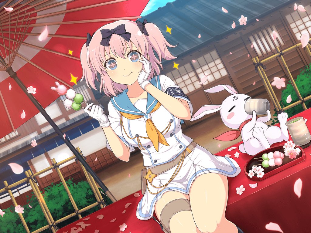 +_+ 1girl :t _+ animal animal_ears architecture armband ascot bamboo_fence belt black_socks blue_eyes blue_sailor_collar blue_sky blush bow breasts brown_belt building bush buttons cherry_blossoms clothed_animal cloud collarbone commentary cup dango day dirt double-breasted drinking east_asian_architecture eating english_commentary falling_petals fence flower flower-shaped_pupils food forehead_writing gloves green_tea hair_bow hanzou_academy_school_uniform hibari_(senran_kagura) holding holding_cup holding_food holding_skewer holster kunai large_breasts lattice looking_at_viewer ninto_(senran_kagura) official_alternate_costume official_art oil-paper_umbrella orange_ascot outdoors petals pink_flower pink_hair pink_pupils plate pleated_skirt rabbit rabbit_ears rabbit_tail red_scarf sailor_collar sanshoku_dango scarf school_uniform senran_kagura senran_kagura_new_link senran_kagura_shoujo-tachi_no_shin&#039;ei shiny_skin short_hair short_sleeves short_twintails shouji shuriken sitting skewer skirt sky sliding_doors smile socks sparkle symbol-shaped_pupils tail tea thigh_holster thighs tile_roof twintails umbrella wagashi weapon white_gloves yaegashi_nan yunomi