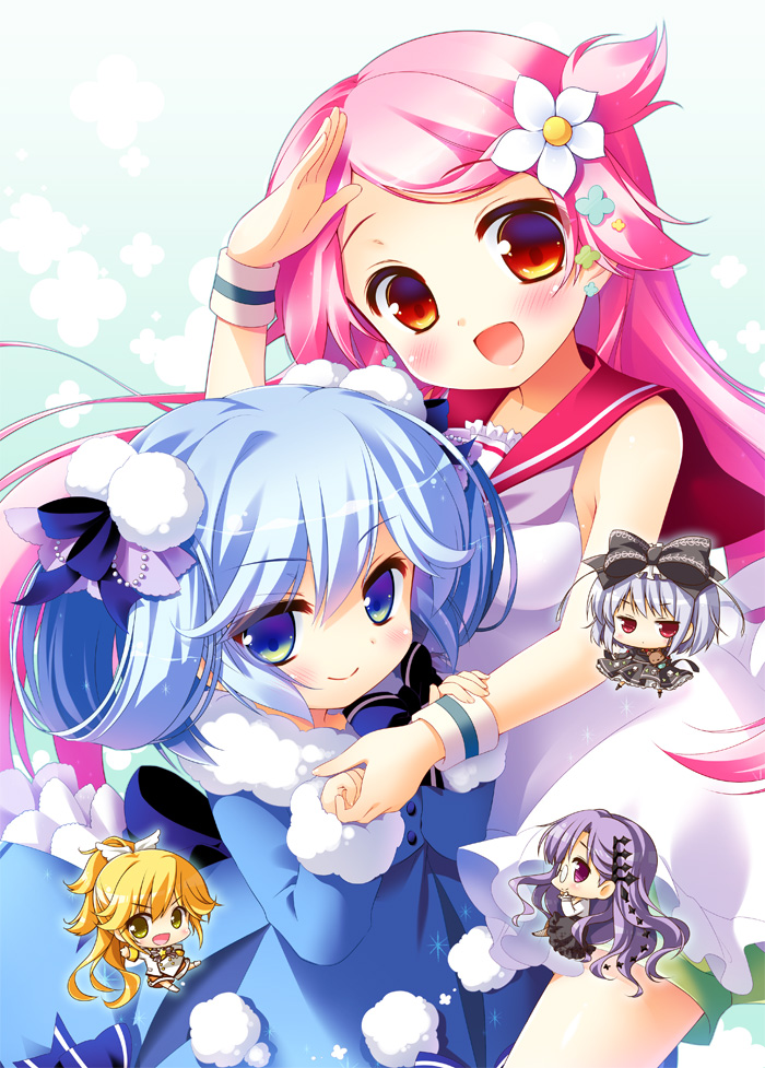 &gt;:) &gt;:d 10s 5girls :d akari_(fantasista_doll) aqua_hair blonde_hair blue_eyes bow chibi chibi_inset fantasista_doll flower flower_on_head hair_bow hair_flower hair_ornament hair_ribbon hug jitome katia_(fantasista_doll) long_hair looking_at_viewer madeleine_(fantasista_doll) multiple_girls open_mouth pink_hair ponytail purple_eyes purple_hair red_eyes ribbon saji-wata salute sasai_saji sasara_(fantasista_doll) shimeji_(fantasista_doll) short_hair silver_hair smile v-shaped_eyebrows wristband yellow_eyes