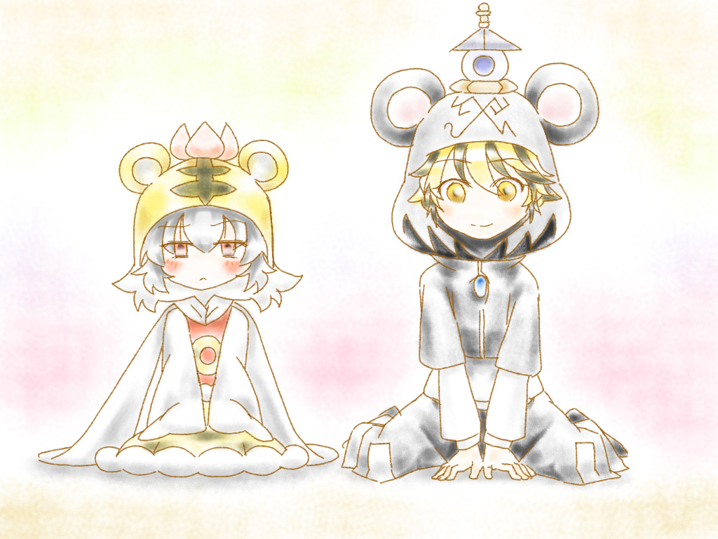 2girls :c animal_ears animal_hat animal_print apron bad_id bad_pixiv_id bishamonten&#039;s_pagoda black_legwear blonde_hair blush cape cink-knic cosplay costume_switch dress fake_animal_ears grey_dress grey_hair hair_ornament hat hina_ningyou mouse_ears multicolored_hair multiple_girls nazrin nazrin_(cosplay) shirt smile tiger_ears tiger_hat tiger_print toramaru_shou toramaru_shou_(cosplay) touhou two-tone_hair v_arms waist_apron yellow_eyes