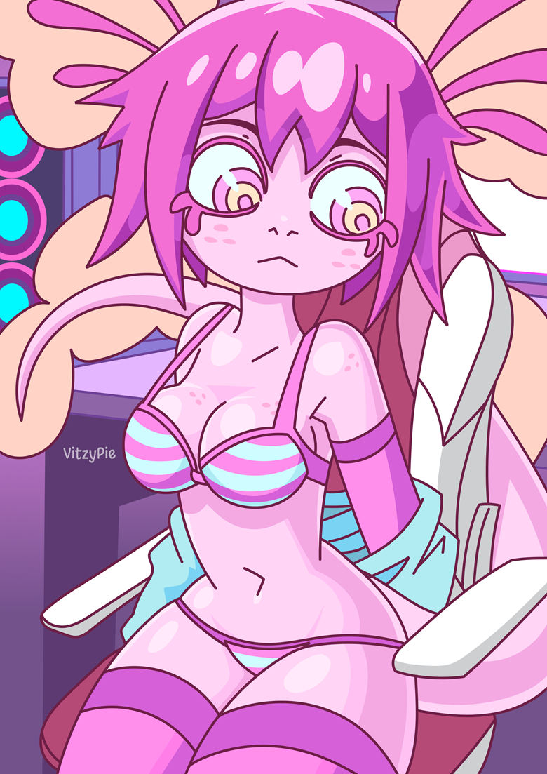 1girl :| artist_name ass ass_shake axolotl axolotl_ears axolotl_girl axolotl_tail bare_shoulders bikini breasts chair closed_mouth colored_skin computer elbow_gloves feet_out_of_frame freckles gaming_chair gloves looking_back medium_breasts navel original paid_reward panties pink_eyes pink_gloves pink_hair pink_skin short_hair socks solo speaker standing striped_bikini striped_clothes striped_socks swimsuit swivel_chair table tail thighs underwear undressing vitzypie