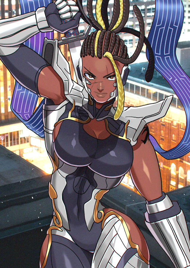 1girl akisu_k black_hair blonde_hair breasts cleavage dark-skinned_female dark_skin dreadlocks hip_vent large_breasts lips master_raven namco scar sideboob sword tekken tekken_7 weapon