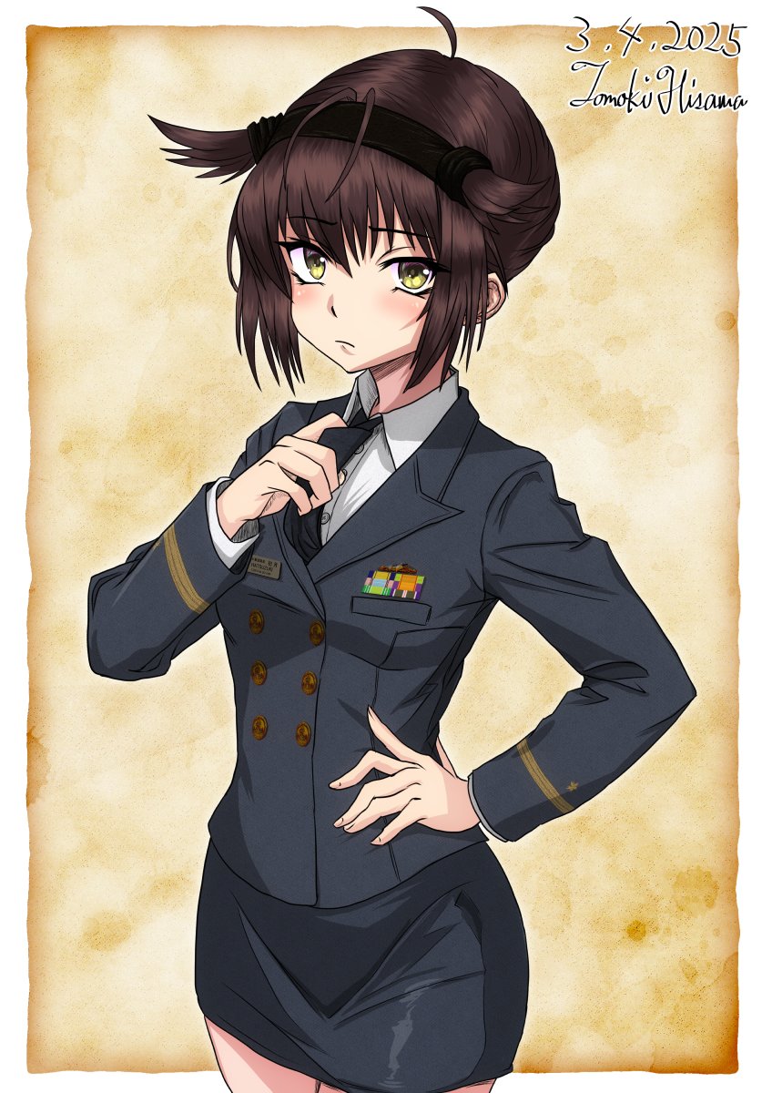 1girl alternate_costume artist_name black_headband black_jacket black_necktie black_skirt brown_hair buttons collared_shirt dated double-breasted hair_flaps hand_on_own_hip hatsuzuki_(kancolle) headband highres hisamatomoki jacket japan_maritime_self-defense_force japan_self-defense_force kantai_collection long_sleeves looking_at_viewer military military_dress_uniform military_rank_insignia military_uniform naval_dress_uniform naval_uniform necktie one-hour_drawing_challenge ribbon_bar shirt short_hair simple_background skirt solo white_shirt yellow_eyes