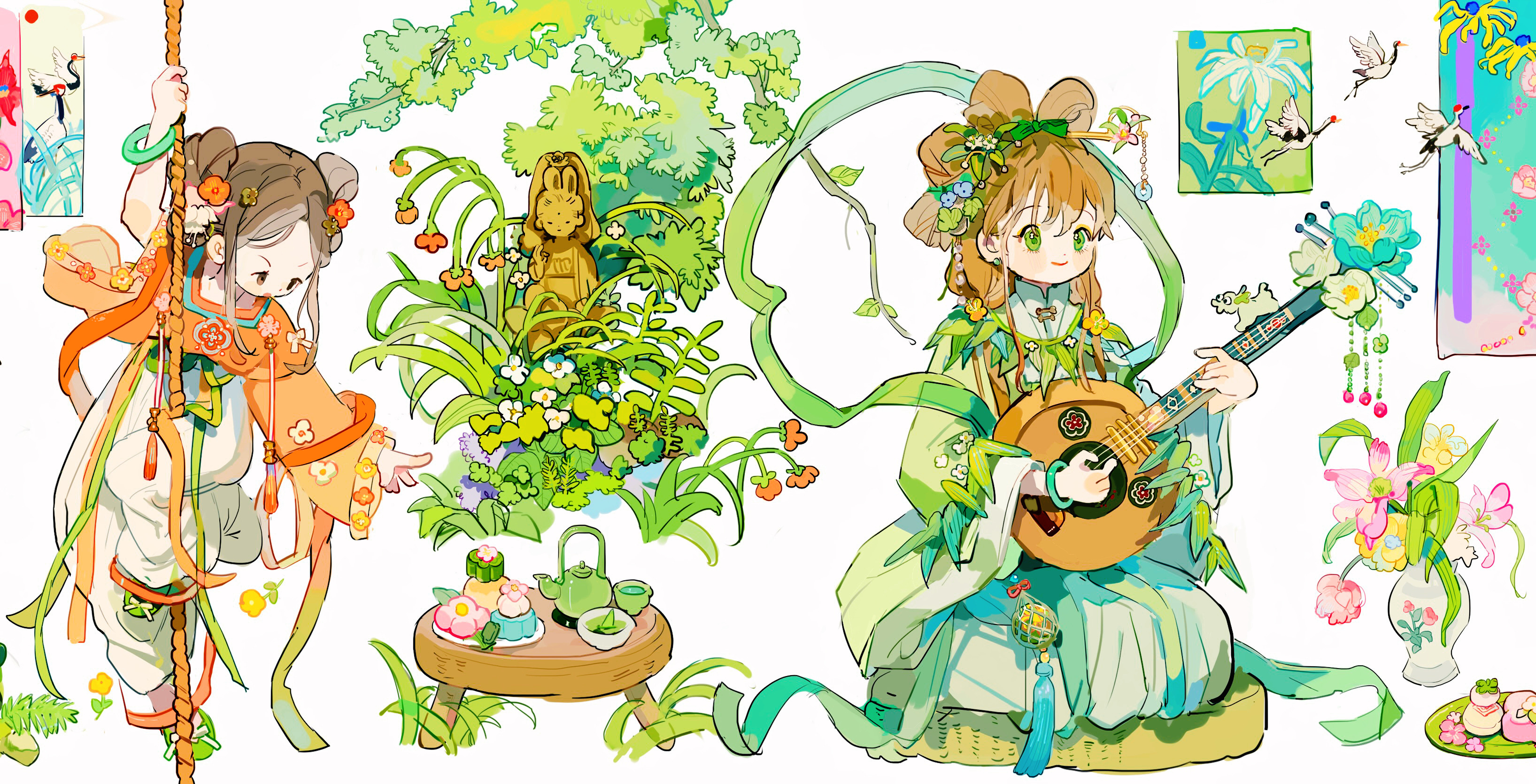 2girls absurdres blush bow bracelet brown_hair chinese_clothes closed_mouth cup flower food full_body green_bow green_eyes green_hanfu hair_flower hair_ornament hair_stick hanfu highres holding holding_instrument instrument jade_(gemstone) jade_bracelet jewelry leaf long_hair long_sleeves looking_afar looking_ahead looking_down multiple_girls music orange_flower original pants pink_flower plate playing_instrument purple_flower putong_xiao_gou simple_background sitting smile statue sweets table teacup teapot vase white_background white_flower white_pants