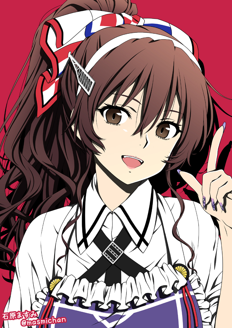 1girl alternate_hairstyle apron ashigara_(kancolle) ashigara_kai_ni_(ichibankuji)_(kancolle) ashigara_kai_ni_(kancolle) breasts brown_eyes brown_hair frilled_apron frills hairband ishihara_masumi kantai_collection long_hair long_sleeves looking_at_viewer open_mouth ponytail purple_apron purple_nails red_background shirt smile solo twitter_username upper_body wavy_hair white_hairband white_shirt