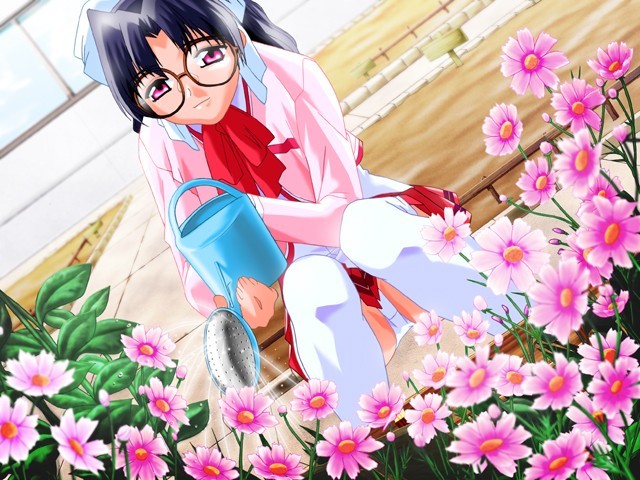 1girl black_hair crotch_seam flower game_cg garden glasses gojuusou headscarf holding holding_watering_can jacket long_hair long_sleeves looking_at_viewer panties pink_eyes pink_jacket red_skirt sakurai_ayano school_uniform shirt skirt smile soleil_(company) squatting takano_kaoru thighhighs underwear watering watering_can white_headscarf white_panties white_shirt white_thighhighs