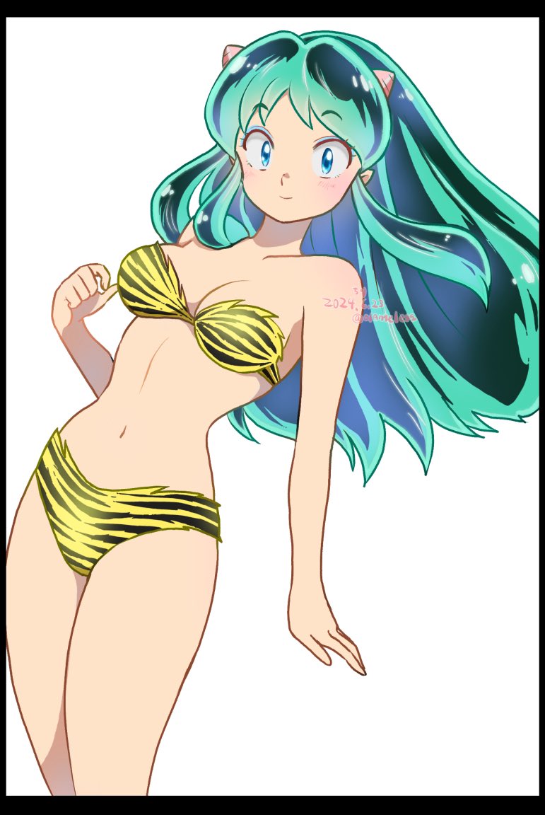 01angelegg animal_print artist_name bikini black_border blue_eyes blue_eyeshadow border breasts cleavage closed_mouth commentary cone_horns cowboy_shot dated eyeshadow green_hair hand_up horns leaning_to_the_side long_hair looking_at_viewer lum makeup medium_breasts navel oni print_bikini simple_background smile standing strapless strapless_bikini swimsuit thighs tiger_print twitter_username urusei_yatsura white_background
