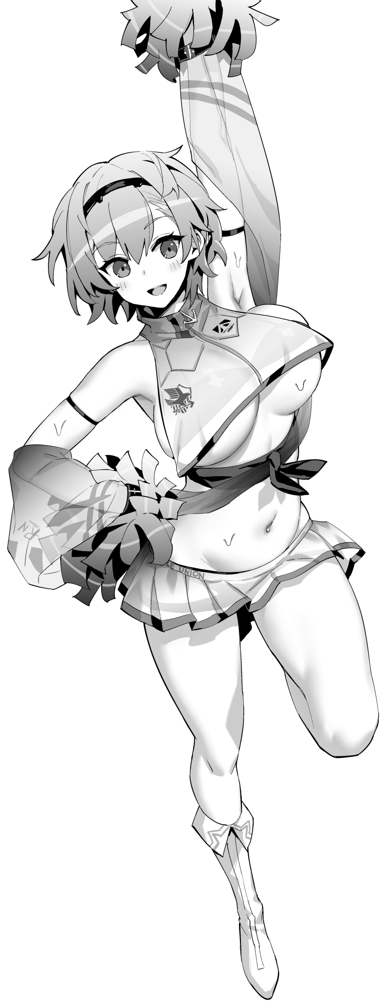 1girl azur_lane blush breasts cheerleader detached_sleeves full_body greyscale hairband hand_up highres hori_(hori_no_su) large_breasts looking_at_viewer monochrome open_mouth pleated_skirt reno_(azur_lane) reno_(biggest_little_cheerleader)_(azur_lane) short_hair simple_background skirt solo underboob white_background