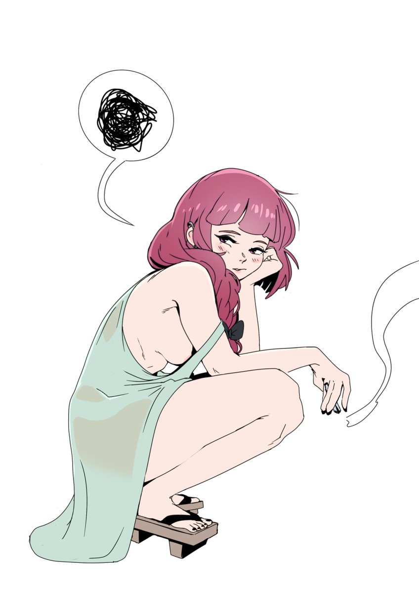 1girl areola_slip bare_arms black_bow black_nails blunt_bangs blush bocchi_the_rock! bow braid breasts cigarette commentary dress feet geta hair_bow hair_over_shoulder hashtag-only_commentary highres hiroi_kikuri holding holding_cigarette long_hair looking_at_viewer medium_breasts nail_polish no_bra parted_lips purple_eyes purple_hair qwetzo sidelocks simple_background single_braid sleeveless sleeveless_dress smoking solo speech_bubble spoken_squiggle squatting squiggle toenail_polish toenails toes white_background